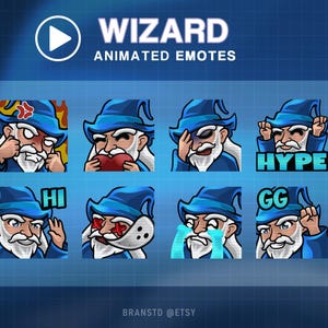 Könnte beinhalten: Animierte Twitch-Emotes mit einem Zauberer mit einem blauen Hut und weißem Bart. Die Emotes zeigen den Zauberer, der verschiedene Emotionen ausdrückt, darunter Wut, Liebe, Traurigkeit, Aufregung und Begrüßung. Die Emotes sind mit dem Text "HI", "HYPE", "GG" und "WIZARD ANIMATED EMOTES" beschriftet.