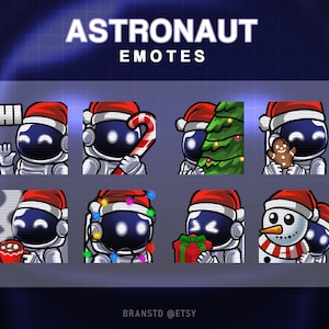 May include: A collection of eight astronaut emotes, each wearing a Santa hat. The emotes depict various holiday-themed items, including a candy cane, Christmas tree, gingerbread man, and gift. The text "ASTRONAUT EMOTES" is at the top.