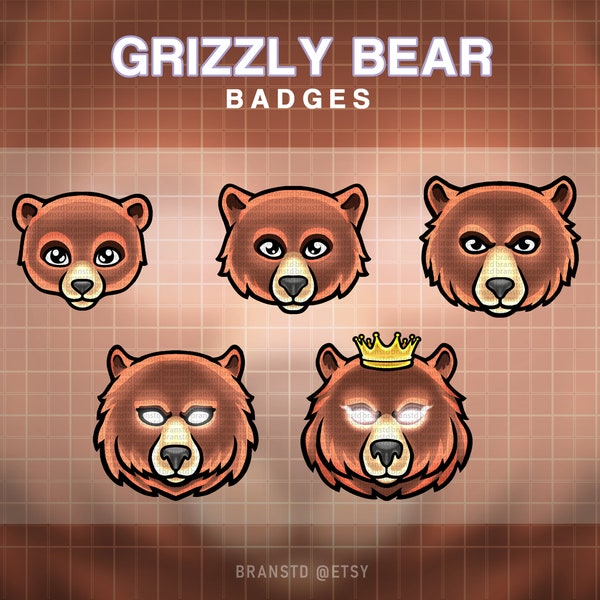 5x Grizzly Bear badges - Bear twitch badges - Twitch badges