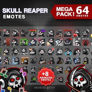 Könnte beinhalten: Eine digitale Sammlung von 64 Skull Reaper Emotes mit verschiedenen Ausdrücken und Aktionen, einschließlich Text wie HI, HYPE, GG, TOXIC, SALUTE, SALT, RAID, 10/10 und THIS IS FINE. Das Set enthält 8 zusätzliche animierte Emotes mit Totenkopf-Figuren.