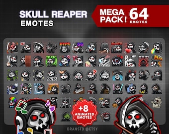 64 + 8x Animated Skull Reaper Emotes Mega Pack - Reaper Twitch Emotes - Discord emotes Mega Bundle