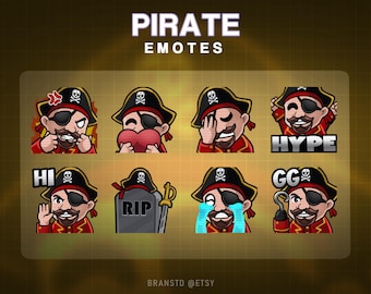 May include: Set of eight digital pirate emotes featuring a cartoon pirate with a red bandana, eyepatch, and a variety of expressions, including "Hi", "RIP", "Hype", and "GG".