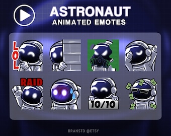 Op de afbeelding: Een set van acht geanimeerde astronaut-emoticons met verschillende uitdrukkingen en acties, waaronder LOL, Raid, 10/10 en een astronaut met een zonnebril en geld. De emoticons zijn ontworpen in een cartoon-stijl met een zwart-wit kleurenschema.