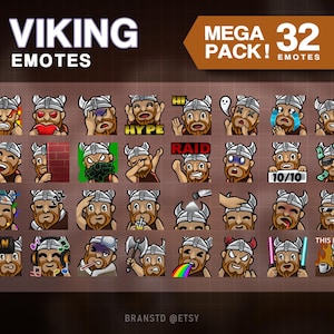 May include: A set of 32 Viking-themed Twitch emotes. The emotes feature a cartoon Viking character with different expressions and actions, such as laughing, crying, and giving a thumbs up. The emotes are designed in a colorful and playful style.