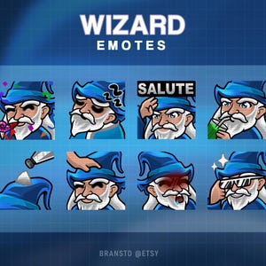 May include: A collection of eight wizard-themed emotes with a blue and white color scheme. Each emote features a cartoon wizard with a blue hat and white beard, displaying various expressions and actions. The word "WIZARD" and "EMOTES" are at the top.