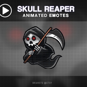 May include: A cartoon image of the Grim Reaper holding a scythe. The Reaper is black with a white skull and red eyes. The text "SKULL REAPER ANIMATED EMOTES" is at the top. The Etsy shop name is at the bottom.