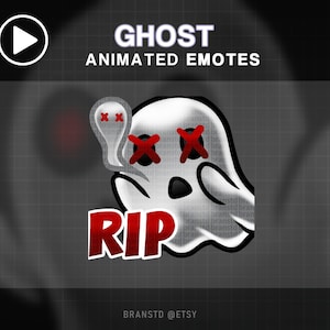 May include: A white ghost illustration with red cross-out eyes and the word "RIP" in red and white. The text "GHOST ANIMATED EMOTES" is at the top. The Etsy shop name "BRANSTD @ETSY" is at the bottom.