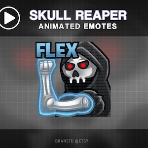 May include: Animated emote featuring a skeletal Grim Reaper flexing a bicep. The word "FLEX" is above the arm in blue. The Reaper has red eyes and is wearing a black hooded cloak. The text "SKULL REAPER ANIMATED EMOTES" is at the top.