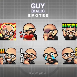May include: A collection of eight digital emotes featuring a bald character with glasses and a beard. Each emote expresses a different emotion, including anger, love, sadness, and excitement. Text includes "GUY (BALD) EMOTES" and "BRANSTD @ETSY".