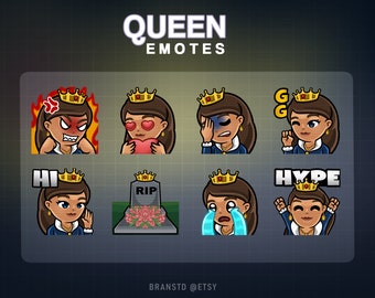 May include: Set of 8 animated Twitch emotes featuring a cartoon queen with different expressions. The emotes include "Hi", "GG", "Hype", "Angry", "Love", "Sad", "RIP", and "Crying".