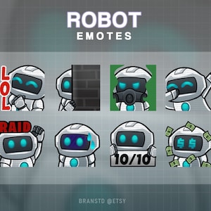 May include: A set of eight robot emoticons with different expressions. The robot is white with blue accents and has a variety of expressions, including laughing, peeking, wearing a gas mask, and holding money.