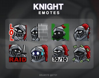 Puede incluir: Un conjunto de ocho emoticonos animados de Twitch que representan a un caballero en varias poses y expresiones. Los emoticonos incluyen "LOL", "RAID", "10/10" y otros. Los emoticonos están diseñados en un estilo de dibujos animados con un esquema de color blanco y negro.
