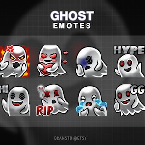 May include: A set of nine ghost emoticons with different expressions, including "Hi", "RIP", "GG", "Hype", "Love", "Sad", "Angry", and "Crying". The emoticons are white with black outlines and red and blue accents.