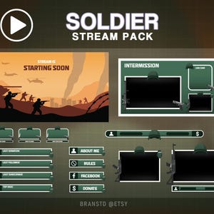 Puede incluir: Un paquete de superposición de transmisión de Twitch verde y blanco con la palabra "SOLDIER" en letras grandes. La superposición incluye una pantalla de inicio inminente, una pantalla de intermisión y varios paneles para redes sociales, donaciones y otra información.