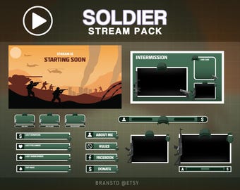 May include: A green and white Twitch stream overlay pack with the word "SOLDIER" in large letters. The overlay includes a starting soon screen, an intermission screen, and several panels for social media, donations, and other information.