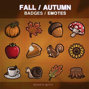 Puede incluir: Un conjunto de insignias y emoticonos con temática otoñal. La imagen presenta una calabaza, una hoja, una bellota, una seta, una manzana, un pastel, una ardilla, un girasol, una taza de café, un caracol, una hoja y un tocón de árbol. Texto: "FALL / AUTUMN BADGES / EMOTES" y "BRANSTD @ETSY".