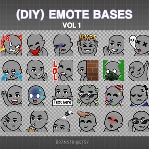 Puede incluir: Una colección de bases de emoticonos de personajes de dibujos animados grises con diversas expresiones, incluyendo ira, amor y sorpresa. El texto "(DIY) EMOTE BASES VOL 1" está en la parte superior, y "Text here" en uno de los emoticonos.