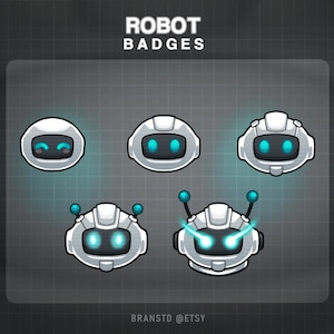 May include: A collection of five white robot badge designs with teal accents. The badges feature various robot head shapes, each with glowing teal eyes or screens. The text "ROBOT BADGES" is at the top, and "BRANSTD @ETSY" is at the bottom.