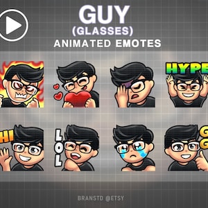 Pode incluir: Emotes animados do Twitch com um personagem de desenho animado de óculos. Os emotes mostram o personagem com diferentes expressões e texto, incluindo "Hype", "Hi", "Lol", "GG" e "Angry".