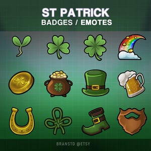 Puede incluir: Una colección de insignias y emoticonos del Día de San Patricio. La imagen presenta varios iconos, incluyendo tréboles, un arco iris, una olla de oro, un sombrero de duende, una jarra de cerveza, una herradura, un lazo, una bota y una barba.