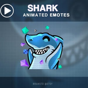 May include: Animated emote featuring a smiling shark with blue and white coloring, surrounded by colorful geometric shapes. The text "SHARK ANIMATED EMOTES" is displayed above the shark. The Etsy shop name "BRANSTD @ETSY" is at the bottom.