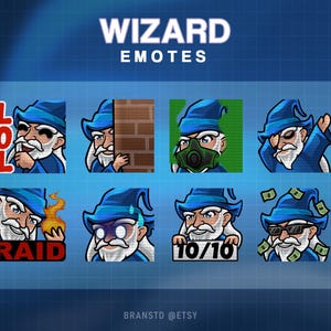 May include: A collection of eight wizard-themed emotes on a blue background. Each emote features a cartoon wizard with a white beard and blue hat and robes, with various expressions and text like "LOL" and "RAID". The text "WIZARD EMOTES" is at the top.