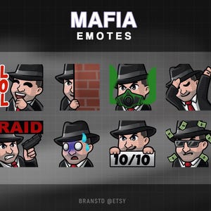 Op de afbeelding: Een set van negen digitale Mafia-emoticons met een cartoonfiguur in een fedora. De emoticons bevatten uitdrukkingen zoals "LOL", "RAID" en "10/10".