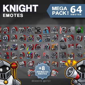 May include: A digital collection of 64 knight emotes featuring a gray armored character with a red plume in various poses and expressions, including text like KNIGHT EMOTES, MEGA PACK, GG, HI, RAID, SALUTE, LOL, THIS IS FINE, and DUM, plus 8 animated emotes.