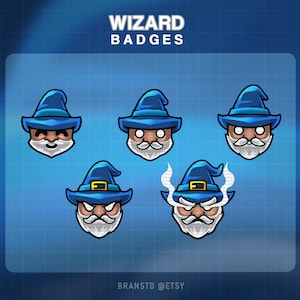 May include: Five wizard badge designs. Each badge features a wizard's face with a blue hat and white beard. The text "WIZARD BADGES" is at the top. The Etsy shop name "BRANSTD @ETSY" is at the bottom.