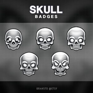 May include: Five different black and white skull badges with various expressions. The text "SKULL BADGES" is at the top of the image.