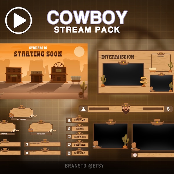 Pack stream cowboy - pack stream - écrans western - superposition twitch wild west - écrans stream cowboy - pack stream