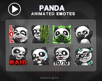 Puede incluir: Un conjunto de ocho emojis animados de panda para uso en línea. Los emojis presentan diferentes expresiones y accesorios, incluyendo una máscara de gas, gafas de sol y dinero. Los emojis están diseñados en un estilo de dibujos animados con pelaje blanco y negro y una nariz negra.