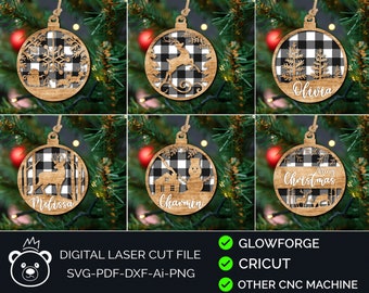 Paquete de adornos navideños Svg - Archivo de corte Glowforge - Adorno personalizado - Adorno de Navidad svg - Archivos de corte láser - Archivo de corte de adorno.