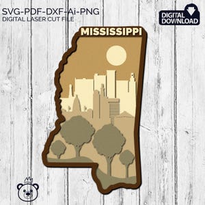 Mississippi SVG, 3D-geschichtetes Tropisches Mississippi-Zeichen, Laserschnittdateien, Dxf-Pdf mit mehreren Schichten, Glowforge, amerikanische Staaten, kommerzielle Lizenz