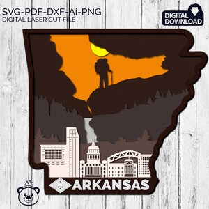 Arkansas SVG, 3D Layered Tropical Arkansas Sign, laser cut files, Dxf-Ai-Pdf- Multi-layer, Glowforge, American states, Commercial License.