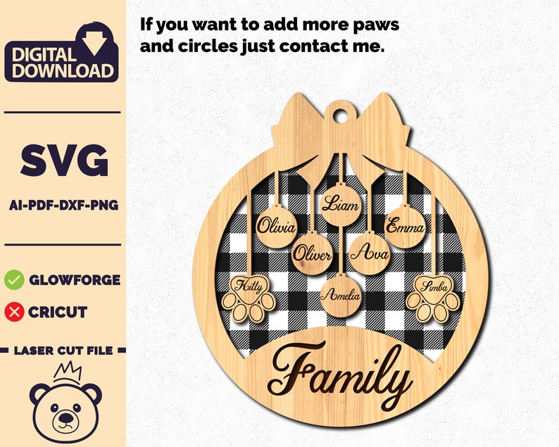 Christmas family and Pet ornaments svg Glowforge cut file Personalized ornament pet ornament svg laser cut files ornament cut file. image 9