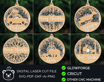 Christmas Ornaments Svg Bundle, Glowforge files, Personalized ornament, christmas ornament svg, laser cut files - ornament svg, deer svg.