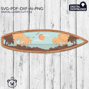 Surfboard SVG Laser Cut File | Surf Wall Art DXF for Glowforge Cricut | Beach Surf Decor | Ocean Wave Template | Coastal Wall Sign|Glowforge