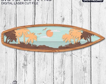 May include: A digital laser cut file design of a surfboard with a sunset scene and palm trees. The design is perfect for creating a decorative wall hanging or a unique craft project.