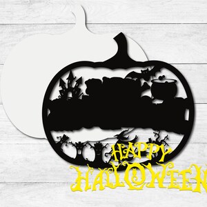 May include: Black silhouette of a pumpkin with a haunted house, bats, and a cauldron inside. The words "Happy Halloween" are written in yellow below the pumpkin.