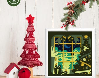 Christmas Night Window 3D Paper Cut SVG | Layered Christmas Shadow Box Template | Holiday Cricut & Silhouette Cut Files