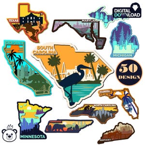 Puede incluir: Un conjunto de 50 diseños de descarga digital que presentan contornos de estados con puntos de referencia y texto. Los estados incluyen Texas, California, Carolina del Sur, Minnesota, Tennessee, Maryland, Florida, Michigan, Carolina del Norte y Kentucky.