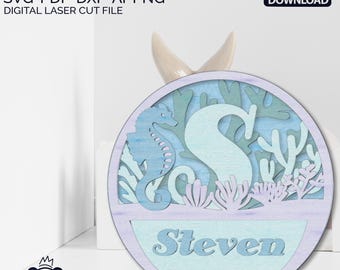 Seahorse/Sea sign/Name sign/Laser cut files/ SVG/ DXF, Beach Vibes Sea Seahorse SVG, Ocean coast, Beach Ocean Scene, Glowforge Files,
