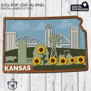 Kansas SVG, 3D Layered Tropical Kansas Sign, laser cut files, Dxf-Ai-Pdf-Png Multi-layer, Glowforge, American states, Commercial License.