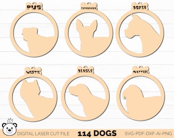 Hunderasse svg, Hundeverzierung Bundle SVG, Hunde Weihnachts ornament SVG, Glowforge Cut File, Personalisiertes Ornament, 114 Ornamente,