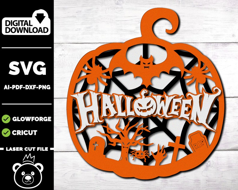 May include: Orange pumpkin-shaped Halloween decoration with a black spiderweb design. The word "HALLOWEEN" is written in white letters on the web. There are also images of a bat, spiders, and a tombstone with the word "RIP" on it.