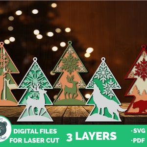 Ornements d’arbre de Noël en couches - Arbre 3D - Fichier de découpe Glowforge - Ornement personnalisé - Ensemble de cinq ornements - SVG - DXF - Fichiers découpés au laser