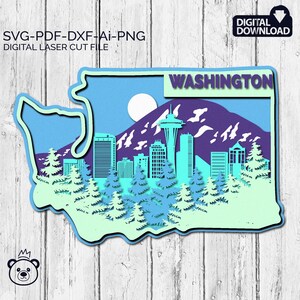 Washington SVG, 3D Layered Tropical Washington Sign, laser cut files, Ai-Pdf- Multi-layer, Glowforge, American states, Commercial License.