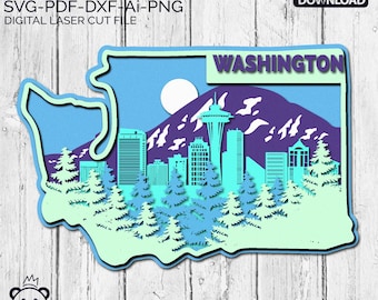 May include: A blue and green silhouette of the state of Washington with a skyline of Seattle, including the Space Needle, and a mountain range. The text "WASHINGTON" is at the top of the image.
