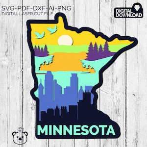 Minnesota SVG, 3D Layered Tropical Minnesota Sign, laser cut files, Dxf-Ai-Pdf, Multi-layer, Glowforge, American states, Commercial License.
